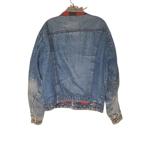 Vtg Key Imperial Buffalo Plaid Flannel Lined Denim Jacket Distress Large Grunge - Picture 2 of 12